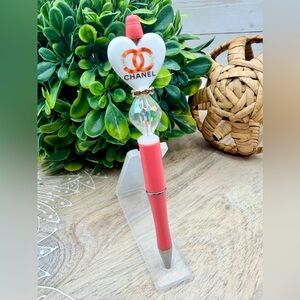 Handmade Beaded Pen Coral Pink Heart Crystal Designer Inspired Black Ink Refill